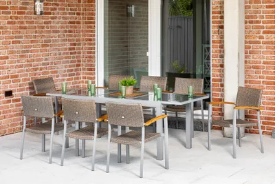 Produktbild von Merxx Gartenmöbelset "Silano" 9tlg. mit Ausziehtisch 160/220 x 90 cm - Aluminiumgestell Silber mit Kunststoffgeflecht Graubeige und Akazienholz