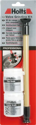 A product package for a valve grinding kit, showing the contents and branding.