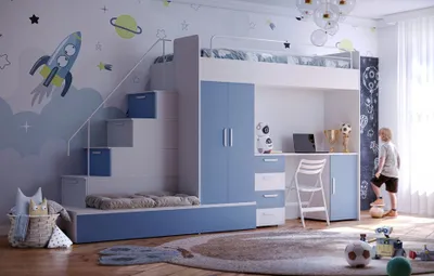 Produktbild von Etagenbett FELIX 5, Hochglanz Kinderbett, Hochbett, OHNE Matratze und Lattenrost (Weiß + Blau Matt)