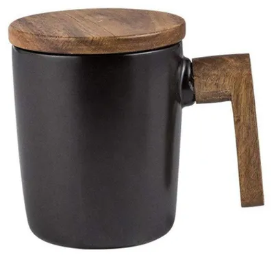 Zdjęcie produktu dla Filiżanka ceramiczna z drewnianą pokrywką i uchwytem, kubek, pojemność 350 ml, kolor czarny