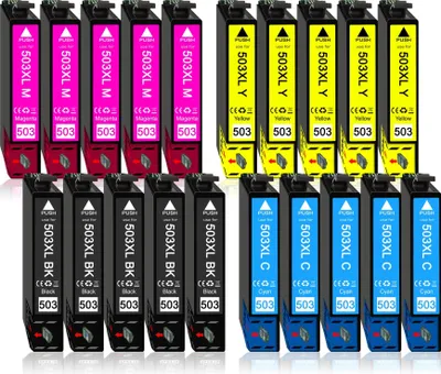 A collection of printer ink cartridges arranged in rows on a white background.