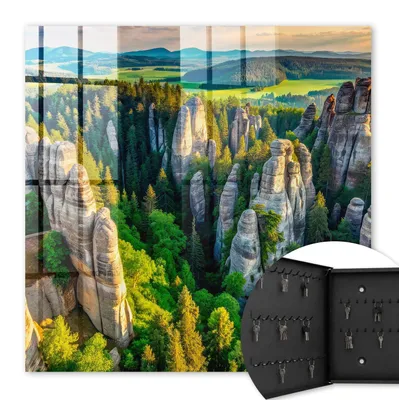 Produktbild von Metall Schlüsselkasten 30 x 30 cm - schwarzer Schlüsselschrank zur Wandmontage - wandhängende Schlüsselbox mit Tür - nach links öffnend - Schlüsselaufbewahrung für Flur - Büro - Arbeitszimmer - Werkstatt - Garage - Felsen und Wald