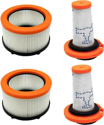 Two sets of vacuum cleaner filters are displayed against a white background. Each set consists of two filters: one cylindrical filter and one smaller, tube-shaped filter.