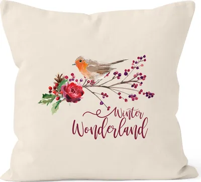 Produktbild von Kissenbezug Weihnachten Winterwonderland Vogel Rotkehlchen Blumen Misteln Christmas Bird Autiga® natur 40cm x 40cm