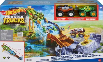 Produktbild von Mattel HJG32 - Hot Wheels - Monster Trucks - Rennstrecke mit 2 Fahrzeugen