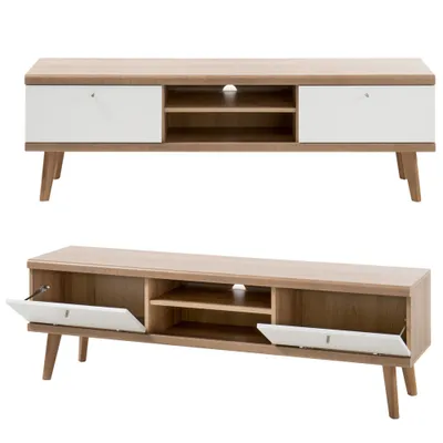 Produktbild von TV-Lowboard Fernsehtisch MAINZ-61 im Retro Design weiß matt mit Eiche Riviera Nb. B/H/T ca. 160x50x40cm