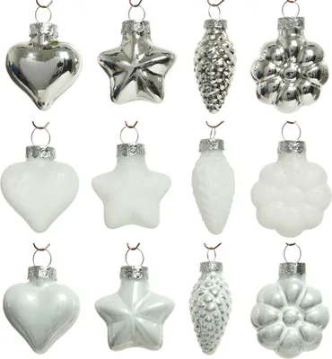 Produktbild von Weihnachtskugeln Glas Figuren Mix 4cm 12er Set - Winterweiß / Silber