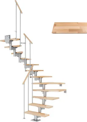 Produktbild von Pertura Mittelholmtreppe Chiron Buche Leimholz Perlgrau 1/2-gewendelt 75 cm 13 Stufen / 14 Steigungen Stabgeländer Grau