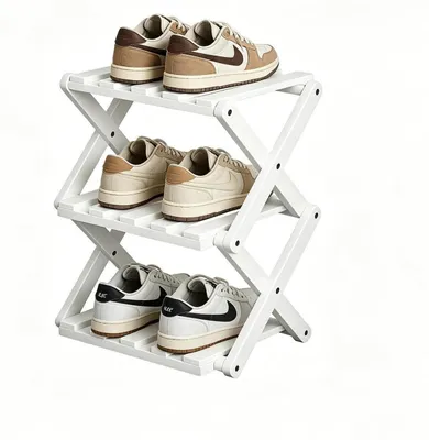 Image de Étagère à chaussures blanche, 3 niveaux, pliable, en bambou, gain de place, sans montage