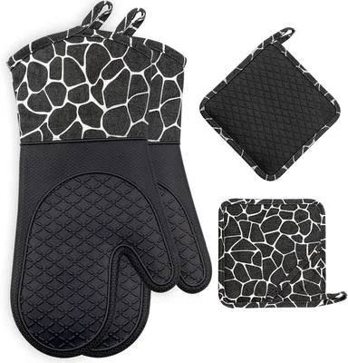 Produktbild von Ofenhandschuh, Topfhandschuhe Anti-Rutsch Hitzebeständige Silikon und Baumwolle 1 Paar und 2 Topflappen (Black)