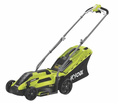 A Ryobi electric lawnmower is shown against a white background.