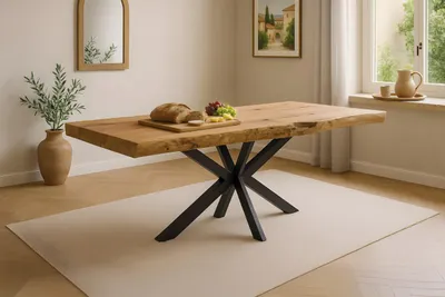 Produktbild von Esstisch Kinan | 250 x 100 cm | Teakholz massiv | echte Baumkante & urwüchsige Struktur | Metallgestell Spider-Form Schwarz | 60 mm Baumkantentisch | Esszimmertisch/Holztisch-Unikat
