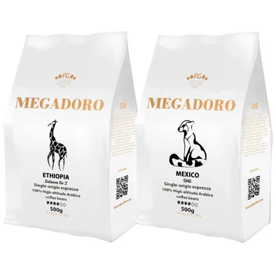 Produktbild von Megadoro Set Ethiopia Sidamo und Mexico SHG Espresso Kaffeebohnen 100% Arabica 2x500g
