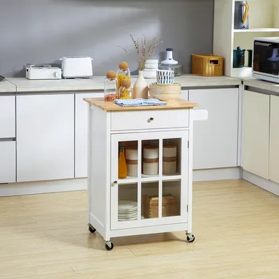 Produktbild von Sweiko Küchenwagen Küchenrollwagen Servierwagen mit Räder Schublade Weinablage MDF Gummiholz Weiß+Eiche 67 x 48 x 86,5 cm