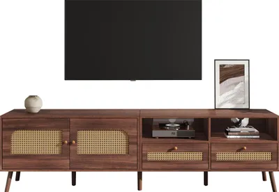 Productafbeelding van TV-kast van 200*37*49,5 cm, geschikt voor een 80-inch televisie, met 2 deuren van riet, 2 lades, een laag dressoir met 8 poten, in bruin, modern entertainmentcenter