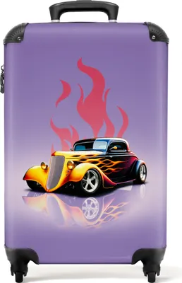 Obrázek produktu pro NoBoringSuitcases.com® Kufr Příruční zavazadlo na kolečkách Malý cestovní kufr na kolečkách - auto - fialový - plameny - vintage - velikost kabiny < 55x40x23 cm a 55x40x20 cm - foto kufr - kabinový kufr - palubní zavazadloKufr na ruční zavazadla 55x35x20 cm, 36L,