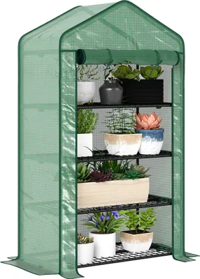 Produktbild von Outsunny PE-Gartengewächshaus mit 4 Regalböden, Balkongewächshaus, verstärkter 135 g/m²-Plane, Stahlrahmen, aufrollbarer Reißverschlusstür, für Gemüse, Pflanzen und Blumen, 90 x 49 x 160 cm, Grün