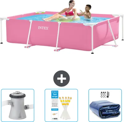 Produktbild von Intex-Schwimmbecken mit rechteckigem Rahmen – 220 x 150 x 60 cm – Rosa – im Lieferumfang enthalten Filterpumpe für Schwimmbad - Teststreifen - Sonnensegel