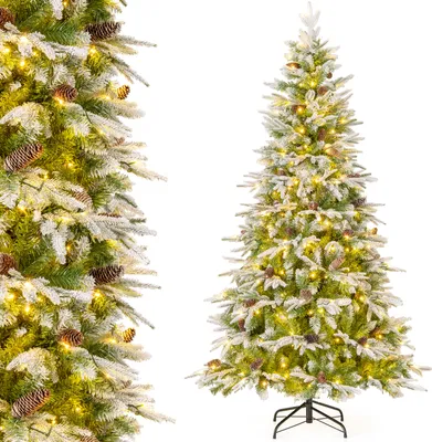 Produktbild von 190 cm beleuchteter Weihnachtsbaum mit 280 warmweißen LED-Lichtern, schneebedeckter Festtagsbaum mit 765 Spitzen & 62 Tannenzapfen & Metallständer
