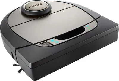 A black and silver robot vacuum cleaner from Neato.