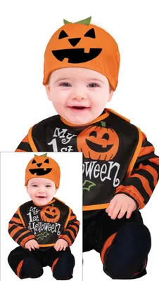 Productafbeelding van Halloween pompoen baby outfit. Schattig ontwerp voor een vrolijk kinderkostuum met een lachend gezicht. Kleurrijk en comfortabel, perfect voor het eerste Halloweenfeestje. Maat: 74/80. Kleur: zwart