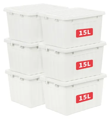 Obrázek produktu pro Cetomo, 15litrové úložné boxy (6 kusů v balení), plastové boxy s rýhováním pro větší pevnost, s víkem a klipy, stohovatelné, úložné boxy pro domácnost a kancelář, materiál: PP, barva: bílá, objem: 15 litrů (balení po 6 kusech)