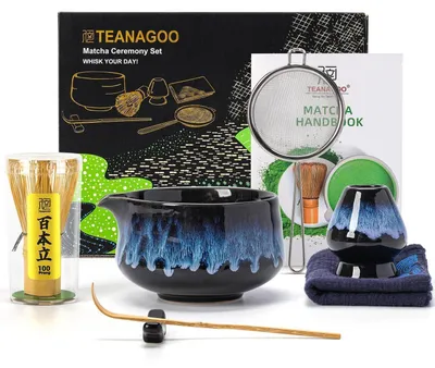 Immagine prodotto di Set da tè Matcha, 7 pezzi, con ciotola, frustino, cucchiaio, setaccio, supporto, portaoggetti e panno – Junware, colore blu