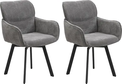 Two gray upholstered chairs with black metal legs are shown against a white background.