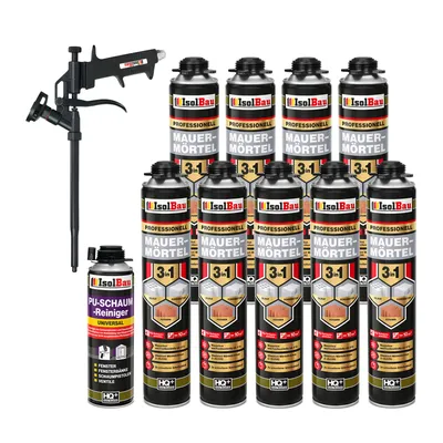 Produktbild von Isolbau Mauermörtel Pistolenschaum SET - Teflon Schaumpistole, PolyurethanReiniger Montageschaum Klebeschaum PolyurethanMörtel 9 x 750ml
