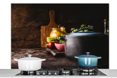 Produktbild von KitchenYeah®  Spritzschutz Küche - Küchenrückwand - Wandschutz für Herd und Spüle - Rustikal - Stilleben - Pfanne - Gemüse 120x80 - Alu-Dibond (Alternative zum Spritzschutz aus Glas) - Hitzebeständig