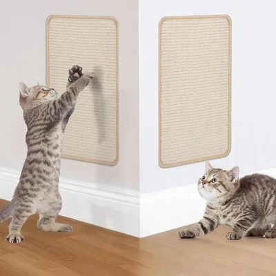 Immagine prodotto di Tappetino per gatti 2 pezzi Tappetino in sisal 40 x 20 cm Tappetino da parete con velcro Beige