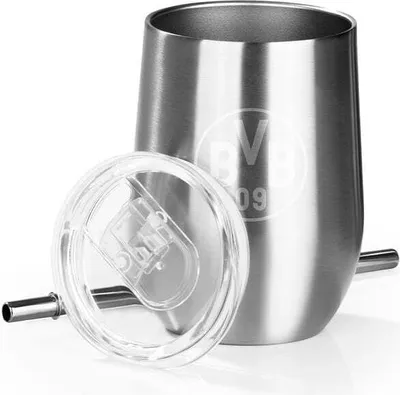 Produktbild von Borussia Dortmund Getränkebecher mit BVB-Logo Edelstahl inkl. Trinkhalm und Deckel für jedes Getränk Bier Wein Cocktails Punsch praktisch 350 ml