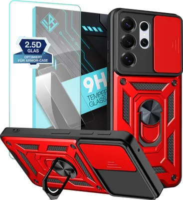 Produktbild von Armor Handyhülle für Samsung Galaxy S26 Ultra mit 9H Displayglas Displayschutz Kameraschutz Handy Panzer Case Cover Schutzhülle Outdoor Farbe: Rot