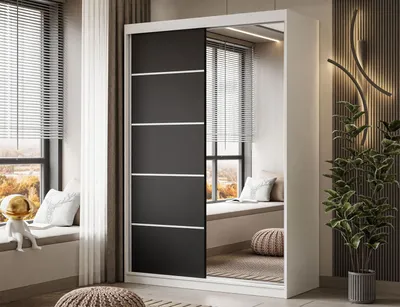 Produktbild von Kleiderschrank CAMARO II PLUS 150 cm mit Spiegel Schiebetürenschrank Weiß / Schwarz