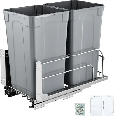 Zdjęcie produktu dla VEVOR wysuwany kosz na śmieci (27 Qt x 2), podwójny kosz na śmieci do kuchni, kosz na śmieci z zestawem drzwi i suwakiem Soft-Close, do szafki kuchennej pod zlewem (szary)