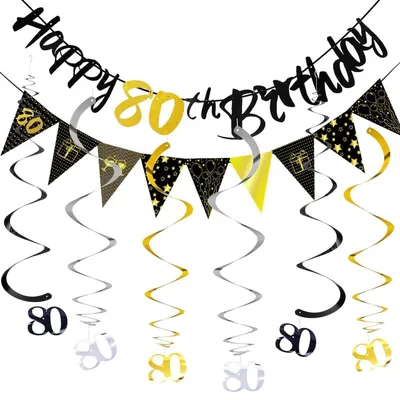 Produktbild von 80. Geburtstag Deko Set Banner Girlande Wirbel Schwarz Gold