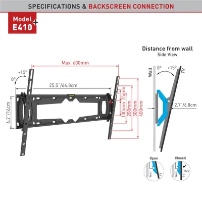 Zdjęcie produktu dla Barkan Mounting Systems E410+, 81,3 cm (32"), 2,29 m (90"), 100 x 100 mm, 600 x 400 mm, 0 - 15°, Czarny