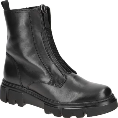 A black leather boot with a front zipper on a white background.