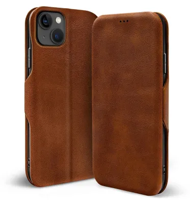 A brown leather flip case for an iPhone 13 Mini is shown from two angles against a white background.