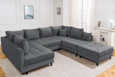 Produktbild von riess-ambiente Moderne XXL Wohnlandschaft KENT 305cm anthrazit Cord inkl. Hocker Federkern Sofa Couch Bigsofa