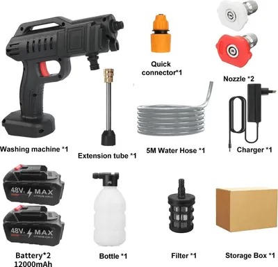 Obrázok produktu pre Vysokotlakový čistič – akumulátorová vodná pištoľ – 2 akumulátory – 1500 W – 3,5 l/min – 5 m hadica – zástrčka EU – nabíjačka 220 V