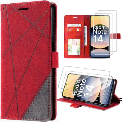 Image de Coque + 2 Verres Trempés pour Xiaomi Redmi Note 14 5G, Effet Cuir Rouge Antichoc Protection 360°