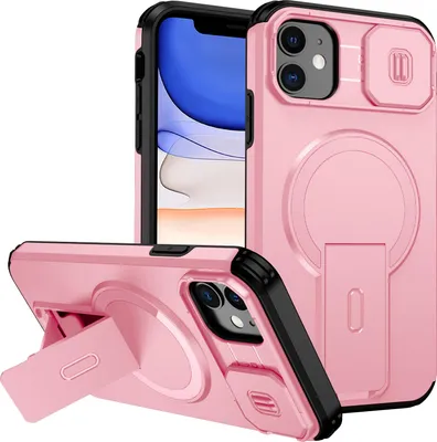 Image de Étui magnétique pour iPhone 11, étui durable double couche avec protection coulissante de l'appareil photo et support réglable Rose