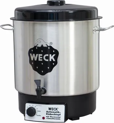 A stainless steel electric preserving pot with a black lid and base, featuring a black strawberry logo and a spigot.