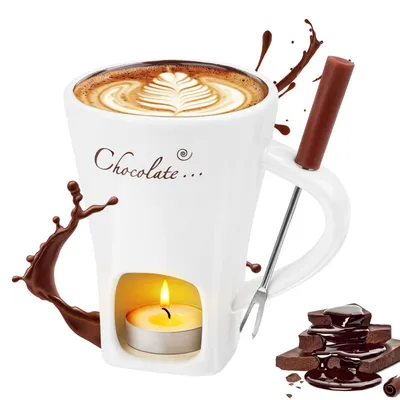 Schokoladenfondue-Tasse aus Keramik, 1 Stück, Weiß, mit Gabel