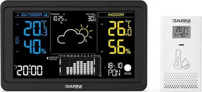 Zdjęcie produktu dla GARNI 618B Precise, Czarny, Biały, Barometr wewnętrzny, Wilgotnościomierz wewnętrzny, Termometr wewnętrzny, Barometr zewnętrzny,..., Barometr, Wilgotnościomierz, Termometr, 10 - 99%, 10 - 99%, 2%