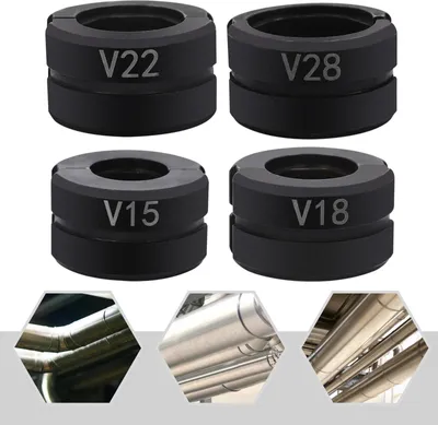 Immagine prodotto di Set di ganasce di pressatura per tubi - Acciaio Cr45 - Profilo a V V15/18/22/28 mm (4 misure) - Per tubi in rame, pinza di pressatura idraulica/elettrica - Alta resistenza, nero