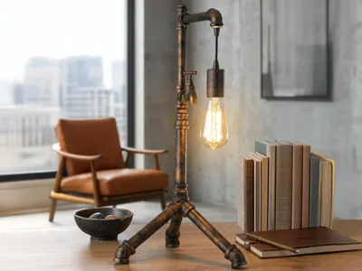 Produktbild von Ausgefallene LED Tischlampe Industrial Wasserrohr Rostoptik, Nachtischlampen