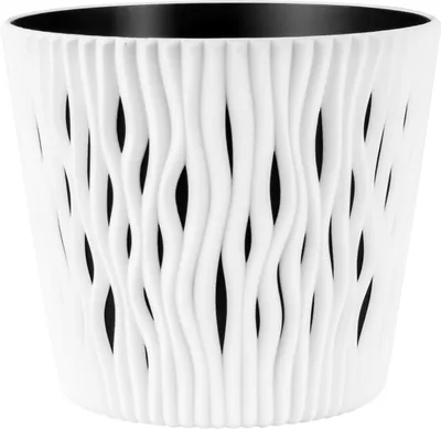 A white plastic plant pot with a decorative, wavy pattern and a black interior.