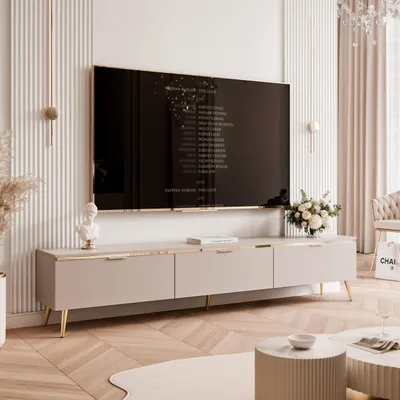 Produktbild von TV-Lowboard SELIA 200 cm mit goldener Zierleiste und Griffe Fernsehschrank mit LED-Beleuchtung elegante Wohnzimmer TV-Schrank Medienmöbel TV Kaschmir